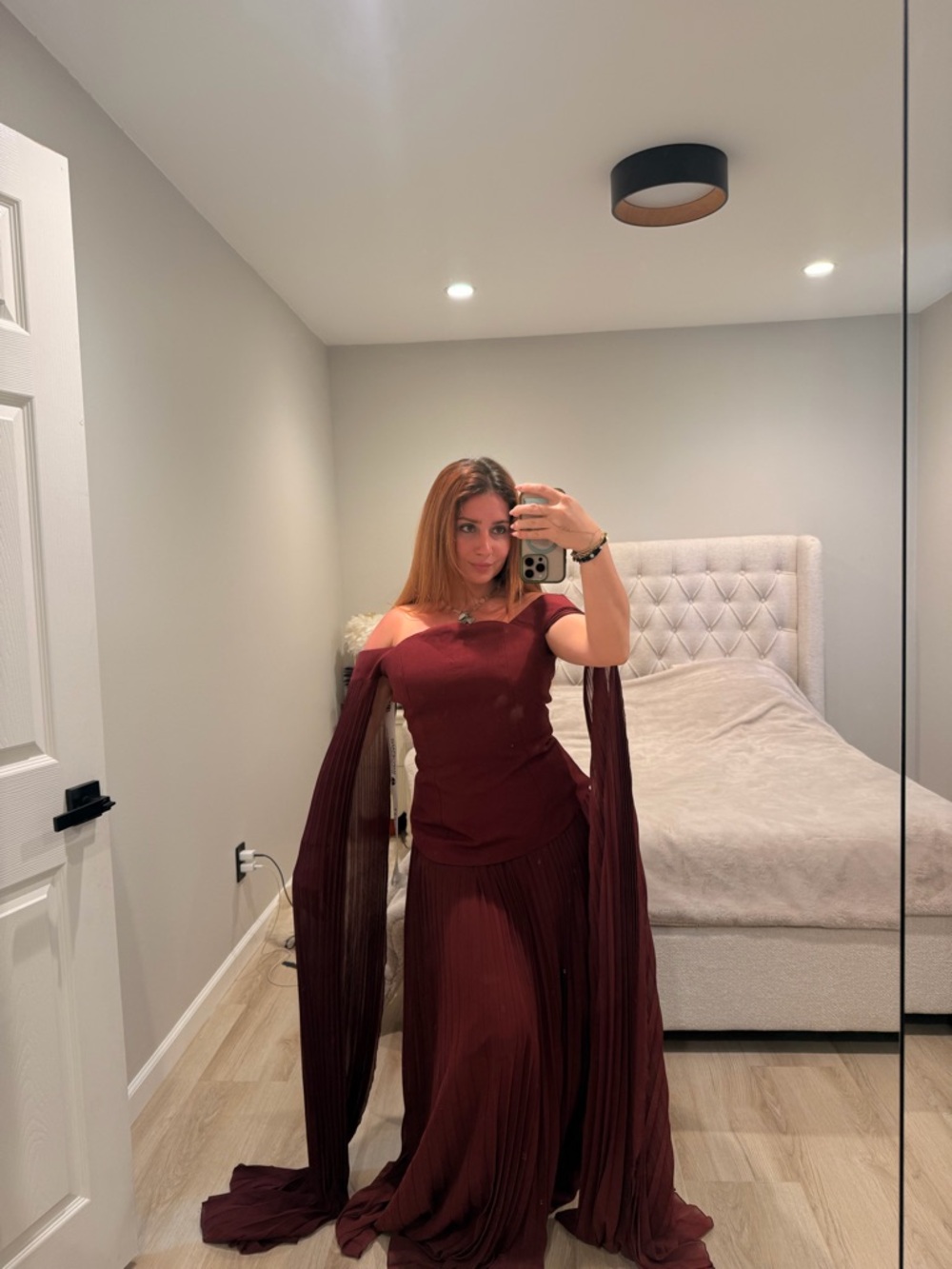 Off-Shoulder Burgundy Maxi Dress with Dramatic Draped Sleeves
